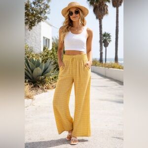 So Yellow Printed Rayon Wide Leg Pants XS Elastic Waist Boho Summer Lightweight